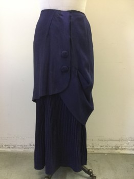 CW PRATT, Navy Blue, Silk, Acetate, Solid, Long Hobble. Perm Pleated Skirt Lower. Snap Closure at Center Front, Tulip Overskirt. Repair at Front at Waist. 2 Covered Button,