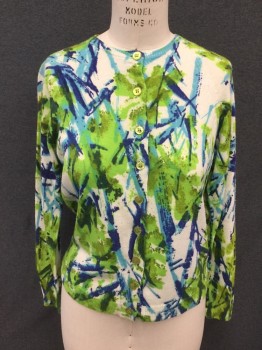 Womens, Sweater, N/L, Green, White, Navy Blue, Lt Blue, Wool, Abstract , B 38, L, Abstract Floral/Paint Brushstrokes, Cardigan, Raglan Long Sleeves, Ribbed Knit Neck/Waistband/Cuff