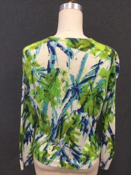 N/L, Green, White, Navy Blue, Lt Blue, Wool, Abstract , Abstract Floral/Paint Brushstrokes, Cardigan, Raglan Long Sleeves, Ribbed Knit Neck/Waistband/Cuff