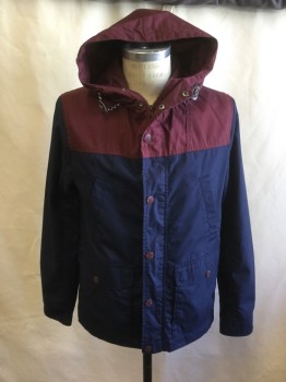 Mens, Casual Jacket, DIVIDED, Navy Blue, Maroon Red, Poly/Cotton, Color Blocking, S, Thin, Zip/Snap Front, Attached Drawstring Hood, 4 Pockets, Tab Snap Cuff