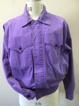 Mens, Jean Jacket, WRANGLER, Purple, Cotton, Solid, M, Zip and Button Front, 4 Pockets, Pointed Yoke Makes Top Pocket Flaps, Button Down Detached Back Yoke (small Tear There), Elastic Waist,
