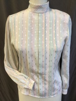 NICOLA, Off White, Pink, Purple, Teal Blue, Lt Olive Grn, Polyester, Stripes - Vertical , Geometric, Tile-like Vertical Stripes, Folded Over Collar Attached, 4 Button Back, 2 Large Pleat Front Center, Long Sleeve
