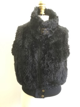 Womens, Vest, XXI, Black, Faux Fur, Acrylic, Solid, L, Faux Fur Vest, Zip Front, Collar Attached, Buckle Tab Collar Closure, Ribbed Knit Waistband with Snap Tab Closure