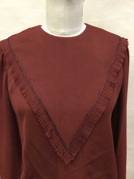 Womens, Dress, N/L, Burnt Orange, Synthetic, Stripes - Vertical , W 27, B 34, Self Thin Vertical Stripes, Bias Cut, Round Neck,  Triangle Flap Front and Flap BackW/ruffles, Long Sleeves and Hem W/matching Ruffles Trim, 5 Hexagon Button Back, 3/4 Length