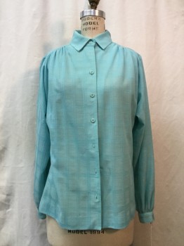 Womens, Blouse, NO LABEL, Ice Blue, Synthetic, Plaid-  Windowpane, 8, Sheer Ice Blue, Self Window Pane, Button Front, Collar Attached, Long Sleeves,