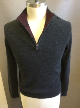 Mens, Pullover Sweater, BLOOMINGDALES, Charcoal Gray, White, Red Burgundy, Cashmere, Speckled, Solid, M, Rib Knit Zip Neck, Burgundy Inside of Neck, Speckled White and Burgundy