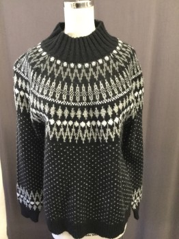 Womens, Pullover Sweater, EDDIE BAUER, Black, White, Gray, Acrylic, Cotton, Fair Isle, M, Ribbed Mock Neck, Ribbed Knit Cuff/Waistband
