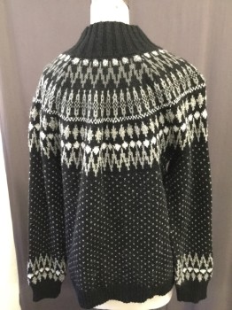 Womens, Pullover Sweater, EDDIE BAUER, Black, White, Gray, Acrylic, Cotton, Fair Isle, M, Ribbed Mock Neck, Ribbed Knit Cuff/Waistband