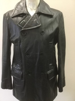 Mens, Leather Jacket, BANANA REPUBLIC, Black, Leather, Solid, M, Car Coat Length, Peaked Lapel, Double Breasted, Pocket Flaps, Crinkled Leather