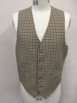Mens, Vest, N/L, Tan Brown, Brown, Gray, Dk Brown, Polyester, Houndstooth, W 34, Ch: 40, 5 Buttons, 2 Pockets, Herringbone/Diamond Satin Tan Back with Self Attached Belt