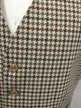 Mens, Vest, N/L, Tan Brown, Brown, Gray, Dk Brown, Polyester, Houndstooth, W 34, Ch: 40, 5 Buttons, 2 Pockets, Herringbone/Diamond Satin Tan Back with Self Attached Belt
