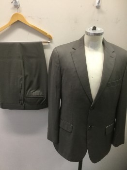 BOSS, Taupe, Wool, Solid, Single Breasted, 2 Buttons,  Notched Lapel, Gabardine,