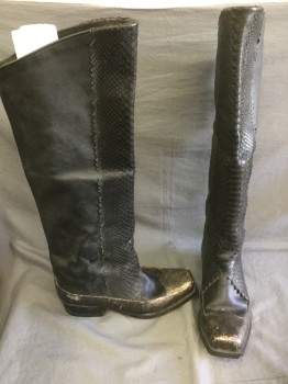 Mens, Sci-Fi/Fantasy Boots , MTO, Black, Silver, Leather, Metallic/Metal, 8.5, Made To Order, Alligator Skin Front, Square Toe Wrapped with Metal, Pull On, Knee High
