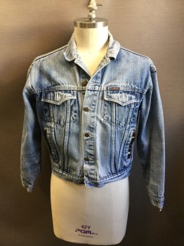 Mens, Jean Jacket, COSMO SPORTSWEAR, Blue, Cotton, Solid, L, Button Front, Collar Attached, 4 Pockets, Slit Pockets Detailed with Black Vinyl, Back Waist Button Tabs, Aged Especially Around Collar