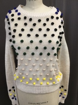 Womens, Pullover, MOTH, Oatmeal Brown, Black, Green, Beige, Yellow, Cotton, Acrylic, Polka Dots, B32, XS, Boat Neck, 3D Knit Ball Applique
