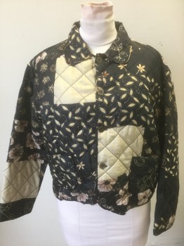 STUDIO JPR, Black, Beige, Ecru, Tan Brown, Silk, Floral, Abstract , Black with Earth Tone Floral Artsy Pattern, Quilted, 5 Gold Embossed Buttons, Collar Attached, 2 Patch Pockets, **Reversible** ***Barcode Located Inside Pocket