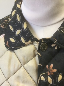 Womens, Jacket, STUDIO JPR, Black, Beige, Ecru, Tan Brown, Silk, Floral, Abstract , M, Black with Earth Tone Floral Artsy Pattern, Quilted, 5 Gold Embossed Buttons, Collar Attached, 2 Patch Pockets, **Reversible** ***Barcode Located Inside Pocket