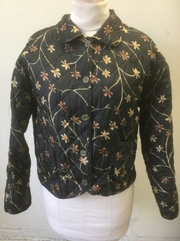 Womens, Jacket, STUDIO JPR, Black, Beige, Ecru, Tan Brown, Silk, Floral, Abstract , M, Black with Earth Tone Floral Artsy Pattern, Quilted, 5 Gold Embossed Buttons, Collar Attached, 2 Patch Pockets, **Reversible** ***Barcode Located Inside Pocket