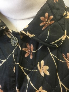 STUDIO JPR, Black, Beige, Ecru, Tan Brown, Silk, Floral, Abstract , Black with Earth Tone Floral Artsy Pattern, Quilted, 5 Gold Embossed Buttons, Collar Attached, 2 Patch Pockets, **Reversible** ***Barcode Located Inside Pocket