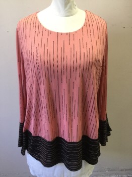 ALFANI, Pink, Black, Polyester, Spandex, Stripes, Dots, Pink with Black Dotted Vertical Stripes, Scoop Neck, Long Sleeves, Black Peplum with Pink Dotted Horizontal Stripes, Black with Pink Dotted Stripe Flounce Cuffs