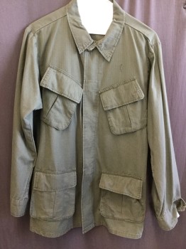 Olive Green, Cotton, Solid, Army Jacket, Button Front, Collar Attached, 4 Patch Flap Pockets, Ripstocp Material