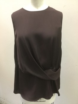 Womens, Top, ZARA, Brown, Polyester, Solid, M, Crew Neck, Sleeveless, Draped Pleat Front Left