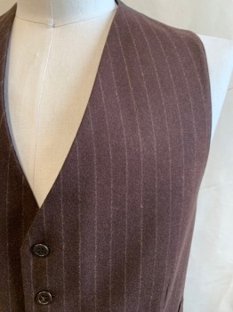 VALENTINO, Dk Brown, White, Wool, Stripes - Pin, 6 Button Front, 2 Pockets, Solid Dark Brown Silk Back with Self Valentino Logo, Attached Self Waist Belt/Buckle