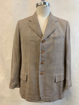 SIAM COSTUMES, Brown, Tan Brown, Wool, Herringbone, with Blue/Siena Brown Grid, Single Breasted, Collar Attached, Hand Picked Collar/Lapel, 4 Buttons, 3 Pockets,