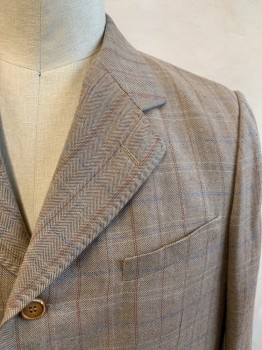 SIAM COSTUMES, Brown, Tan Brown, Wool, Herringbone, with Blue/Siena Brown Grid, Single Breasted, Collar Attached, Hand Picked Collar/Lapel, 4 Buttons, 3 Pockets,