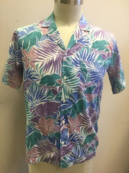 ARIES, Lavender Purple, Teal Green, Blue, White, Polyester, Cotton, Hawaiian Print, Tropical , White Background with Lavender/Teal/Blue Hawaiian Leaves Pattern, Short Sleeve Button Front, Notched Collar, 1 Patch Pocket,