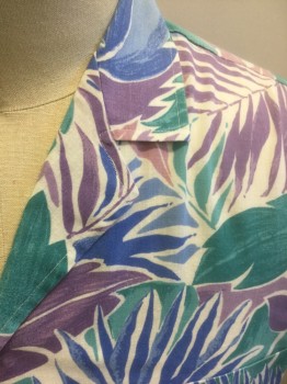 ARIES, Lavender Purple, Teal Green, Blue, White, Polyester, Cotton, Hawaiian Print, Tropical , White Background with Lavender/Teal/Blue Hawaiian Leaves Pattern, Short Sleeve Button Front, Notched Collar, 1 Patch Pocket,