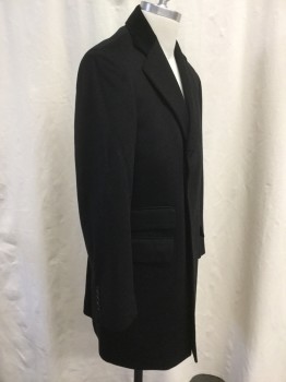 N/L, Black, Wool, Polyester, Solid, Velvet and Wool Notched Lapel, Single Breasted, 3 Concealed Button Up Closure, 3 Flap Pockets, Center Back Vent, at the Knee Length