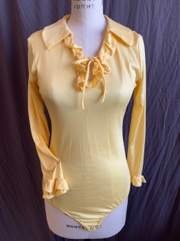 Womens, Top, NKALURE, Yellow, Patent Leather, Nylon, Solid, M, Top with Leotard, V-neck with Self Ruffle & Collar Attached, with Self Short Tie, Long Sleeves with 2 Tiers Ruffle