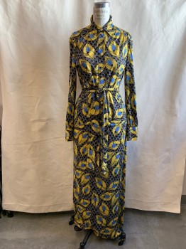 Womens, 1970s Vintage, Top, MIRSA, Yellow, Blue, Black, White, Polyester, Novelty Pattern, B 38, Yellow Leaves with Blue Bugs, Black and White Dotted Background, Button Front, Collar Attached, Long Sleeves, Button Cuff, Gathered at Shoulders
