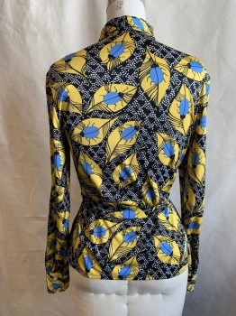 Womens, 1970s Vintage, Top, MIRSA, Yellow, Blue, Black, White, Polyester, Novelty Pattern, B 38, Yellow Leaves with Blue Bugs, Black and White Dotted Background, Button Front, Collar Attached, Long Sleeves, Button Cuff, Gathered at Shoulders