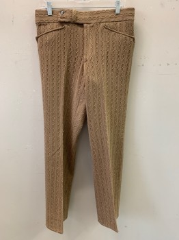Mens, 1970s Vintage, Suit, Pants, LAZETTI, Khaki Brown, Beige, White, Polyester, Cable Knit, 33/29, Wavy Vertical Stripe Pattern, Top Pockets, Zip Front