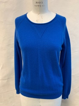 Womens, Pullover, KOKUN, Royal Blue, Cashmere, Solid, M, Rolled Scoop Neck, Raglan Long Sleeves, Ribbed Knit Waistband/Cuff, V Knit at Neck