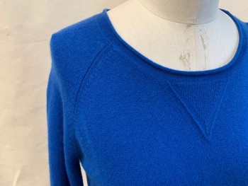 Womens, Pullover, KOKUN, Royal Blue, Cashmere, Solid, M, Rolled Scoop Neck, Raglan Long Sleeves, Ribbed Knit Waistband/Cuff, V Knit at Neck