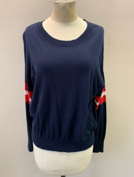 Womens, Pullover, VELVET, Navy Blue, Cotton, Cashmere, Solid, XS, Ribbed Knit, Scoop Neck, Red/White Sleeve Stripes, Ribbed Knit Waistband/Cuff