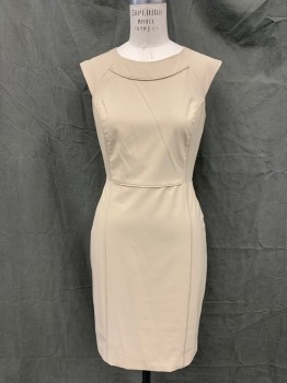 THE LIMITED, Khaki Brown, Polyester, Viscose, Solid, Sleeveless, Zip Back, Scoop Neck, Self Pleat Trim Seam, Knee Length