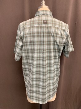 WRANGLER, Lt Blue, Aqua Blue, Gray, Polyester, Nylon, Plaid, Button Front, Collar Attached, 2 Pockets, Short Sleeves, Vented at Back Armhole, Front Yoke