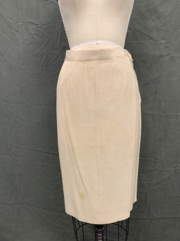 Womens, 1960s Vintage, Skirt, SAKS FIFTH AVENUE, Beige, Silk, Solid, H 30, W 28, Skirt, Side Zip, 1 1/4" Waistband, Back Vent Slit, *Stain on Front Near Hem*,