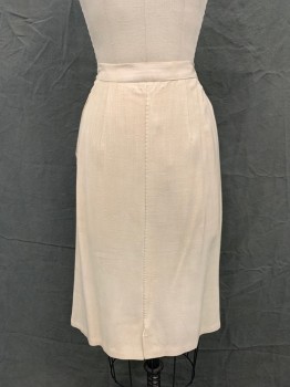 Womens, 1960s Vintage, Skirt, SAKS FIFTH AVENUE, Beige, Silk, Solid, H 30, W 28, Skirt, Side Zip, 1 1/4" Waistband, Back Vent Slit, *Stain on Front Near Hem*,