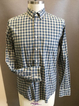 J CREW, Teal Blue, Taupe, Cotton, Elastane, Check , Button Down Collar, Long Sleeves, Button Front, 1 Patch Pocket