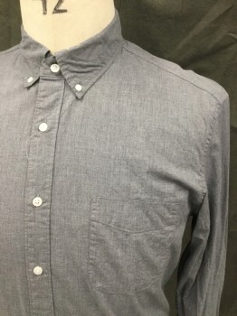 J. CREW, Gray, Cotton, Elastane, Solid, Button Front, Collar Attached, Button Down Collar, Long Sleeves, Button Cuff, 1 Pocket