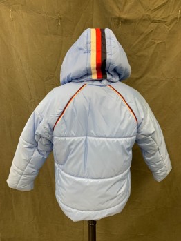 SIDEOUT, Baby Blue, Nylon, Solid, Girls Winter Jacket, Zip Front with Velcro Hidden Placket, 2 Zip Pockets, Raglan Long Sleeves, Red/white/navy Shoulder Stripes and Rainbow Cuff Embroidery, Snap Detachable Hood with Red/White/Navy Stripe