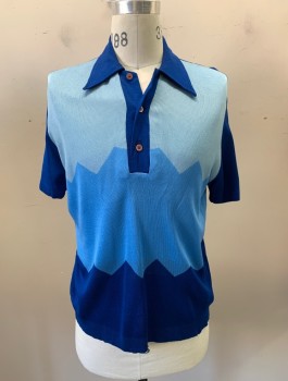 Mens, Sweater, DA VINCI, Royal Blue, Sky Blue, Lt Blue, Acrylic, Stripes - Horizontal , Zig-Zag , M, Pull On, Polo Neck, Short Sleeves, 3 Buttons,  Blemishes at Right Shoulder and Front Near Placket