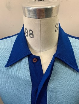 DA VINCI, Royal Blue, Sky Blue, Lt Blue, Acrylic, Stripes - Horizontal , Zig-Zag , Pull On, Polo Neck, Short Sleeves, 3 Buttons,  Blemishes at Right Shoulder and Front Near Placket