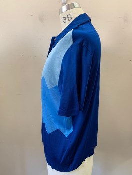 DA VINCI, Royal Blue, Sky Blue, Lt Blue, Acrylic, Stripes - Horizontal , Zig-Zag , Pull On, Polo Neck, Short Sleeves, 3 Buttons,  Blemishes at Right Shoulder and Front Near Placket
