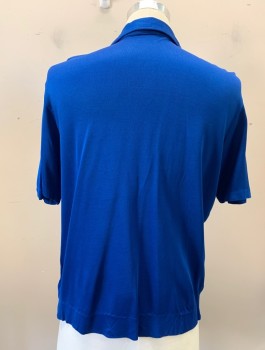 Mens, Sweater, DA VINCI, Royal Blue, Sky Blue, Lt Blue, Acrylic, Stripes - Horizontal , Zig-Zag , M, Pull On, Polo Neck, Short Sleeves, 3 Buttons,  Blemishes at Right Shoulder and Front Near Placket